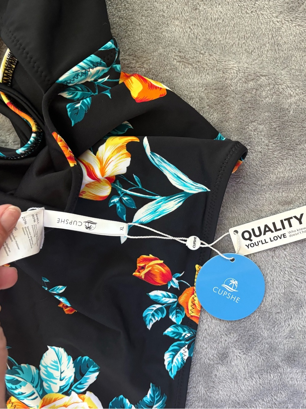 Cupshe Black Floral Lace-Up Cutout Halter One Piece Swimsuit XL - Picture 3 of 7